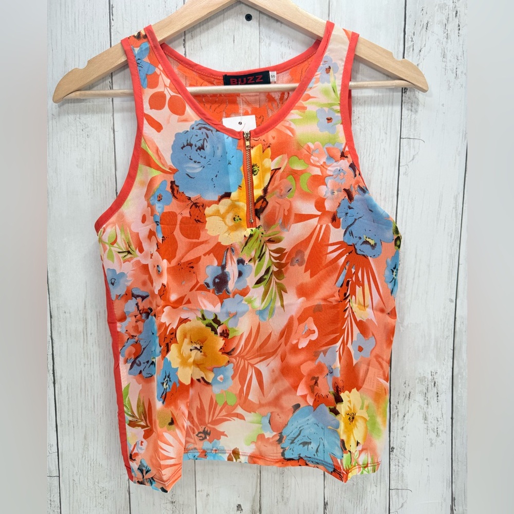 Buzz Sheer Lace  Foral Romantic Crop Top Orange Sz Small Summer New With Tages